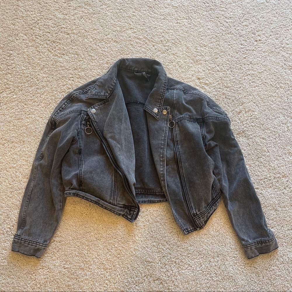 Grey Washed denim biker jacket